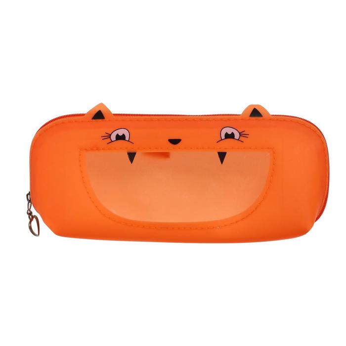 фото Пенал школьный, на молнии силиконовый "котик", оранжевый