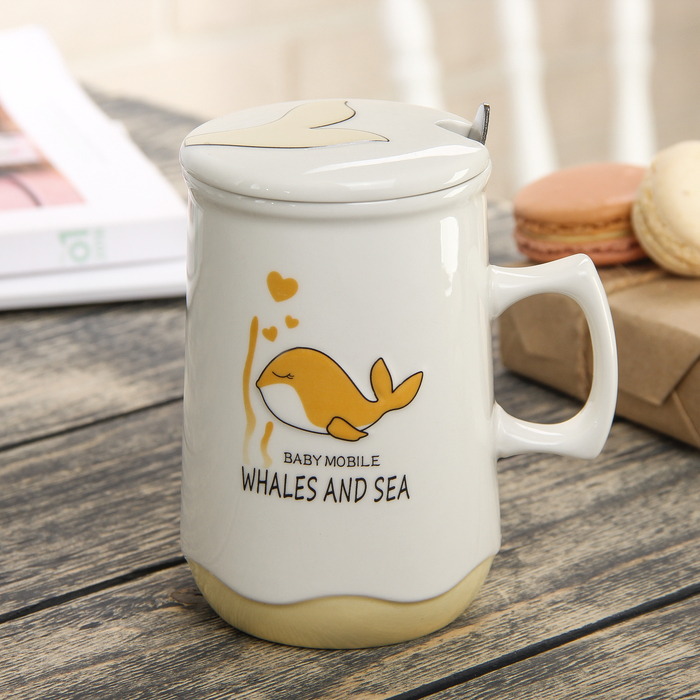 Кружка 400 мл "В мире морском", с керамической крышкой и ложкой, рисунок МИКС