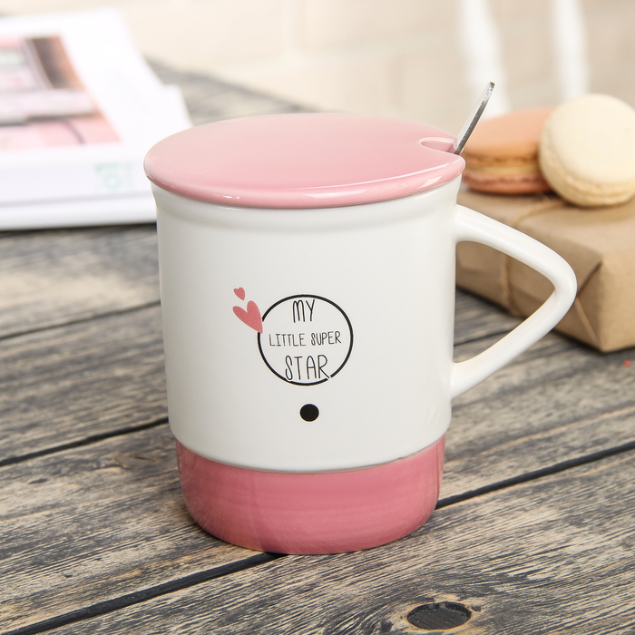Кружка 400 мл "Супер звезда", с керамической крышкой и ложкой, цвета МИКС