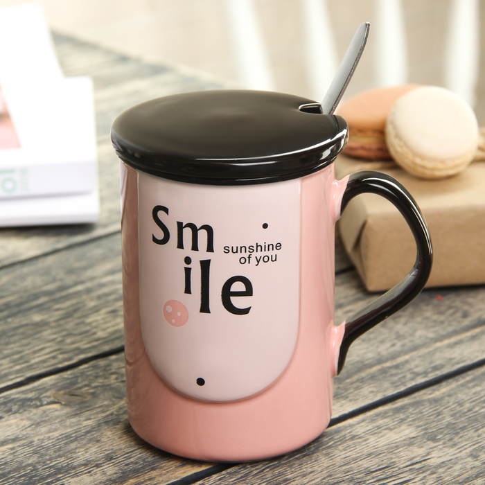 Кружка 380 мл "Солнце", с керамической крышкой и ложкой, цвета МИКС