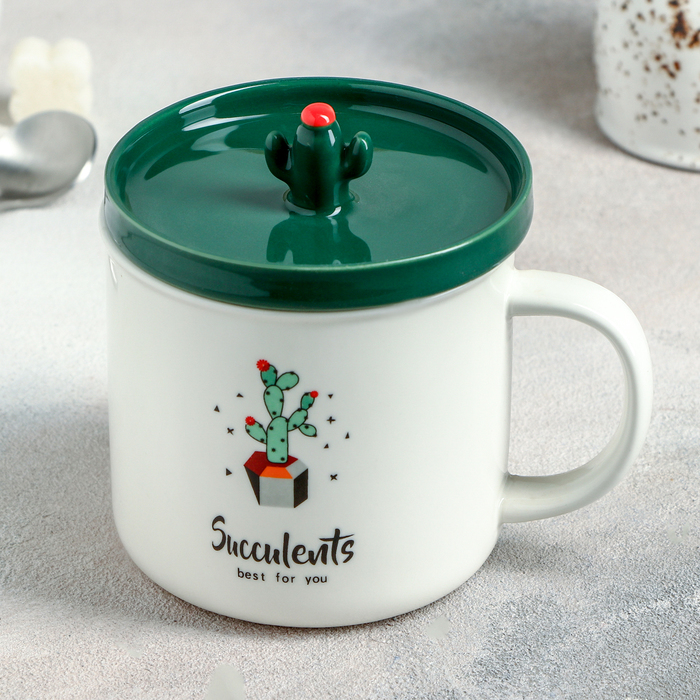 Кружка 350 мл "Кактус", с керамической крышкой, рисунок МИКС