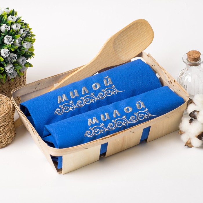 Набор салфеток Этель"Милой"40*40Цв.Синий сВМГО хл,200 гр/м2-2шт+дер.лопатка