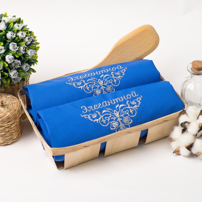 Набор салфеток Этель"Элегантной"40*40Цв.Синий сВМГО хл,200 гр/м2-2шт+дер.лопатка