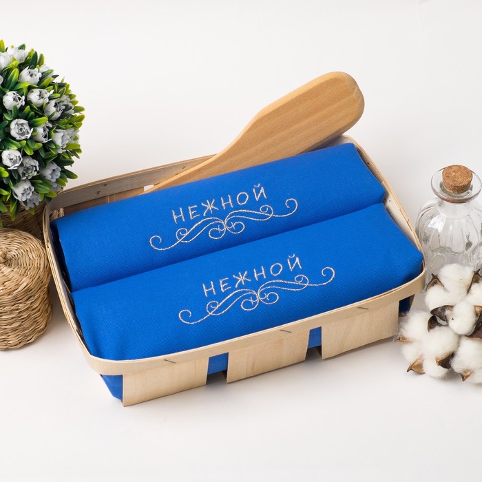 Набор салфеток Этель"Нежной"40*40Цв.Синий сВМГО хл,200 гр/м2-2шт+дер.лопатка