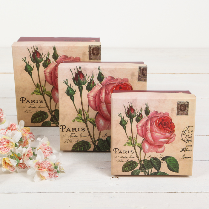 Набор коробок 3в1 "Дикая роза", 16,5 х 16,5 х 9 - 12,5 х 12,5 х 6,5 см