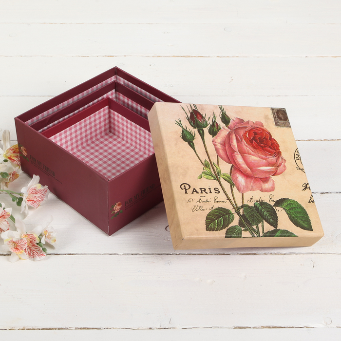 Набор коробок 3в1 "Дикая роза", 16,5 х 16,5 х 9 - 12,5 х 12,5 х 6,5 см