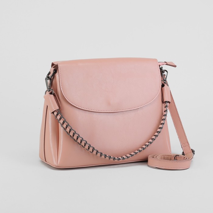 Сумка женская, 3 отдела на молнии, наружный карман, длинный ремень, цвет розовый