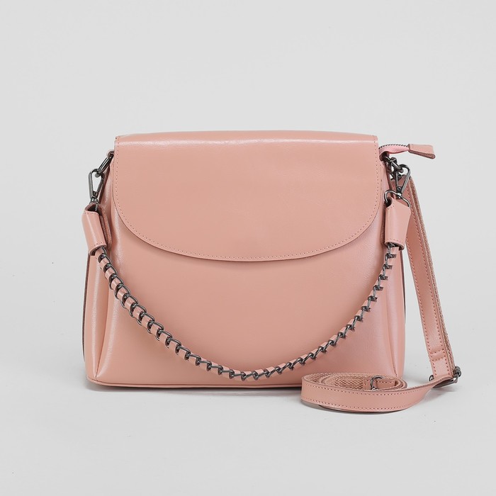 Сумка женская, 3 отдела на молнии, наружный карман, длинный ремень, цвет розовый