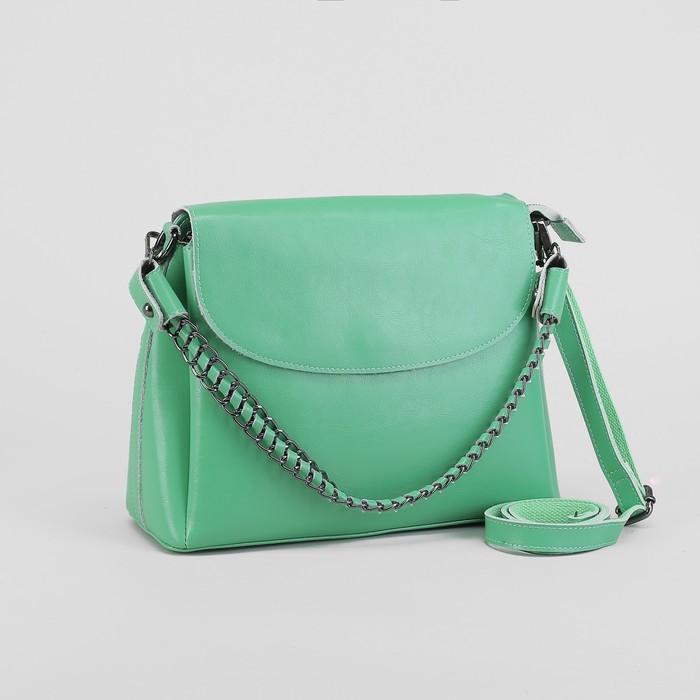 Сумка женская, 3 отдела на молнии, наружный карман, длинный ремень, цвет мятный