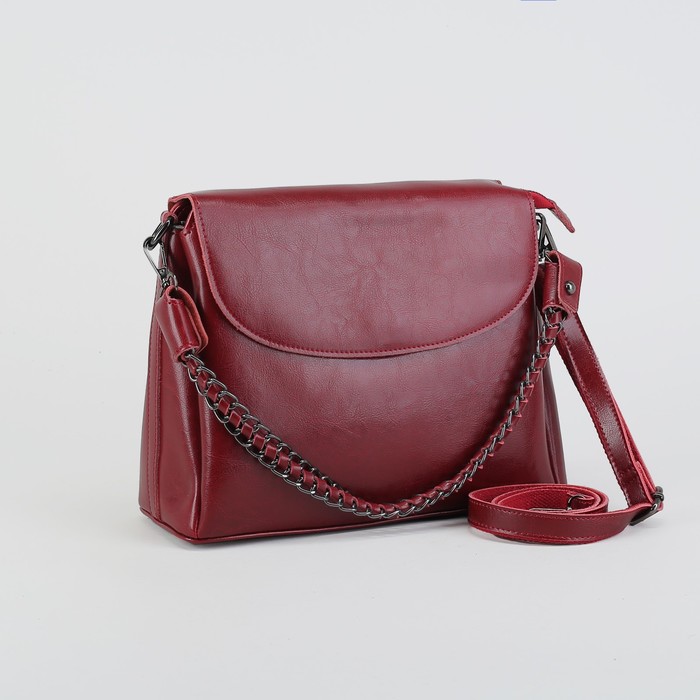 Сумка женская, 3 отдела на молнии, наружный карман, длинный ремень, цвет бордовый