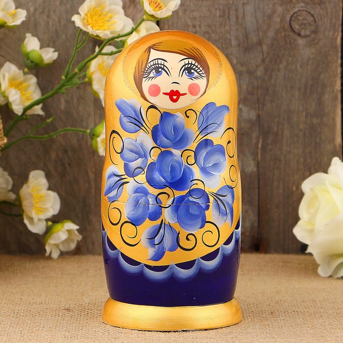 Матрёшка «Гжель», сине-золотой платок, 5 кукольная, 17 см