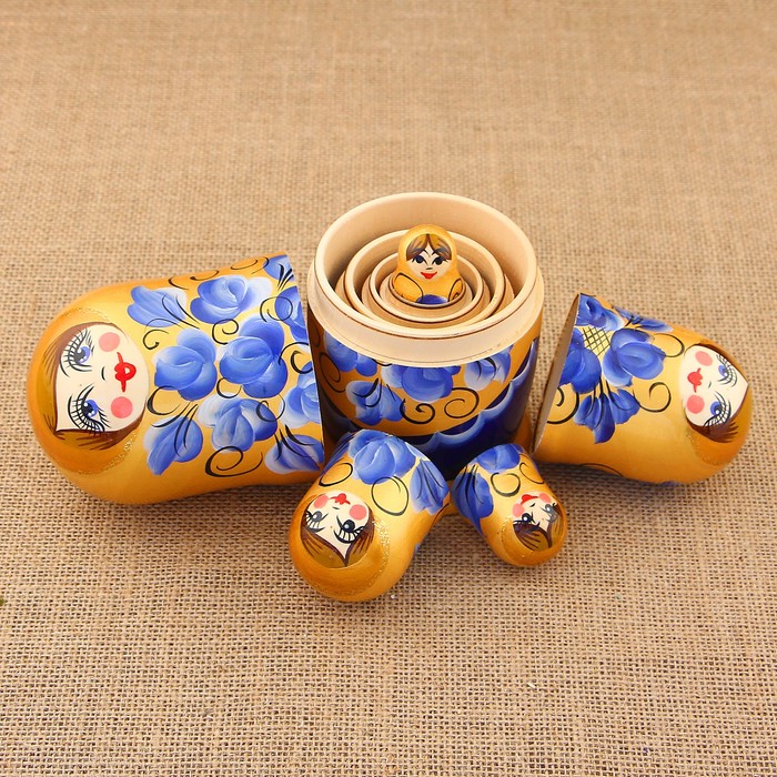 Матрёшка «Гжель», сине-золотой платок, 5 кукольная, 17 см