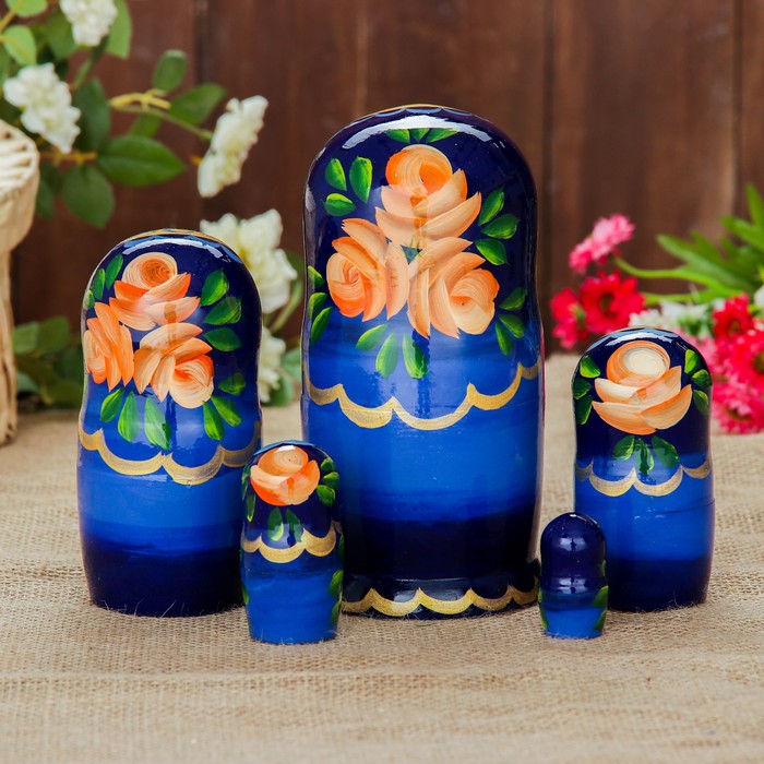 Матрёшка «Фиалка», синий платок, 5 кукольная, 17 см