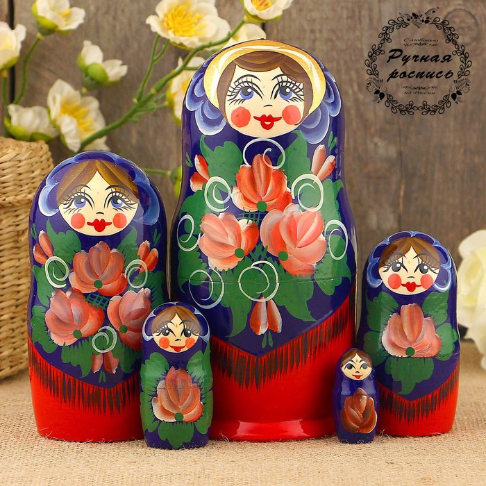 Матрёшка «Алёнушка», синий платок, 5 кукольная, 17 см