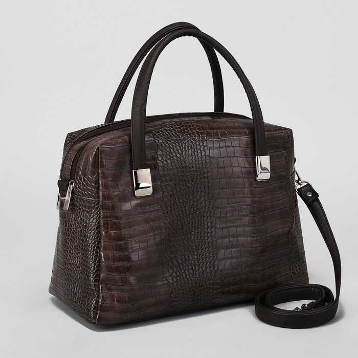 Сумка женская, 2 отдела на молниях, длинный ремень, крокодил, цвет серо-коричневый