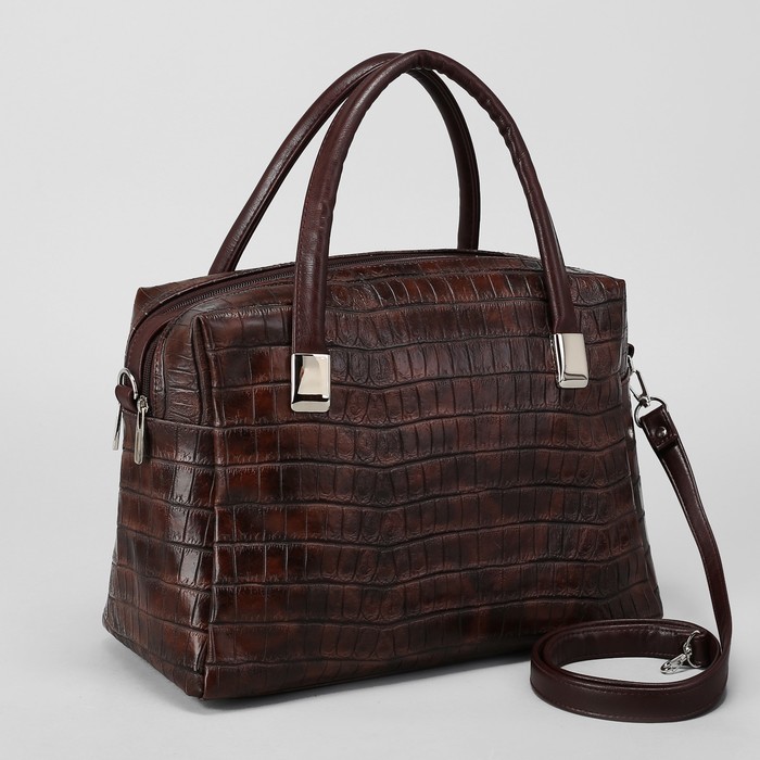 Сумка женская, 2 отдела на молниях, длинный ремень, крокодил, цвет рыже-коричневый