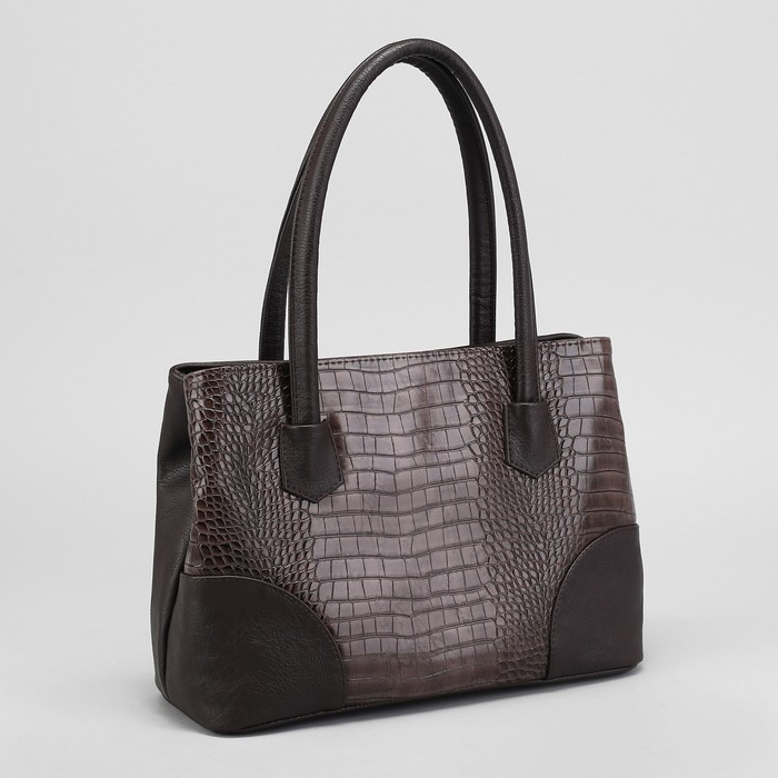Сумка женская, 2 отдела на молнии, наружный карман, крокодил, цвет тёмно-коричневый