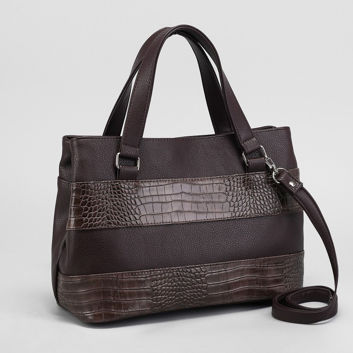 Сумка женская, 2 отдела на молнии, наружный карман, длинный ремень, крокодил, цвет серо-коричневый
