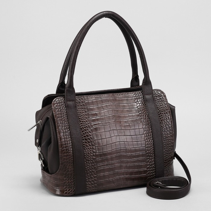 Сумка женская, отдел на молнии, наружный карман, длинный ремень, крокодил, цвет серо-коричневый