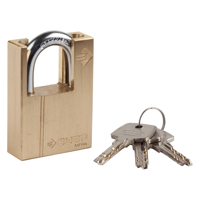 Замок навесной "ЗУБР" ЭКСПЕРТ, 50 мм, латунный корпус, закаленная дужка, с доп. защитой