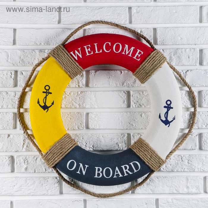 Спасательный круг с бечевкой welcome on board, якори, 7*50*50 см, разноцветный