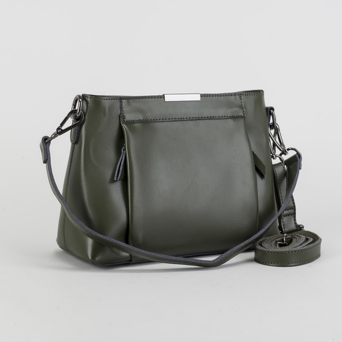 Сумка женская, отдел с перегородкой на молнии, 3 наружных кармана, длинный ремень, цвет оливковый