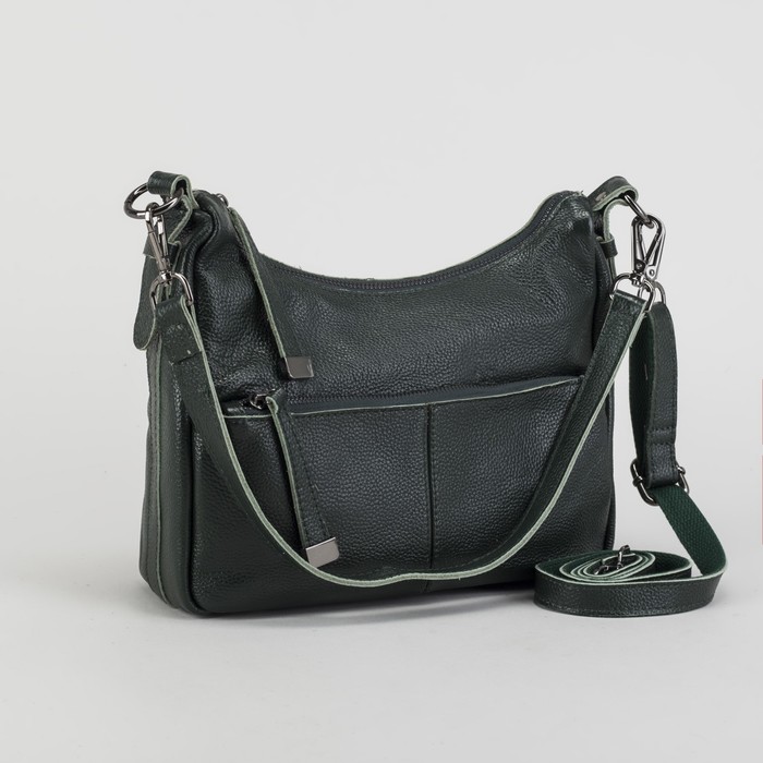 Сумка женская, отдел на молнии, 2 наружных кармана, длинный ремень, цвет зелёный