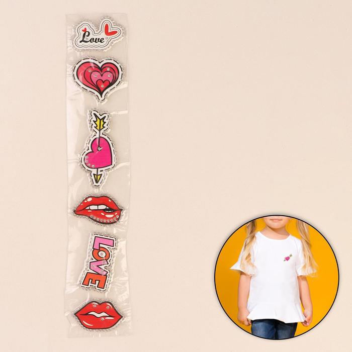 Термоаппликация со стразами «Губы, сердце, love», 5 × 5,5 см, 6 шт на листе, цвет МИКС