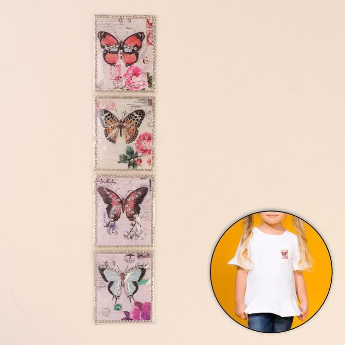 Термоаппликация со стразами "Бабочки", 5*6,5см, 4шт на листе, цвет МИКС