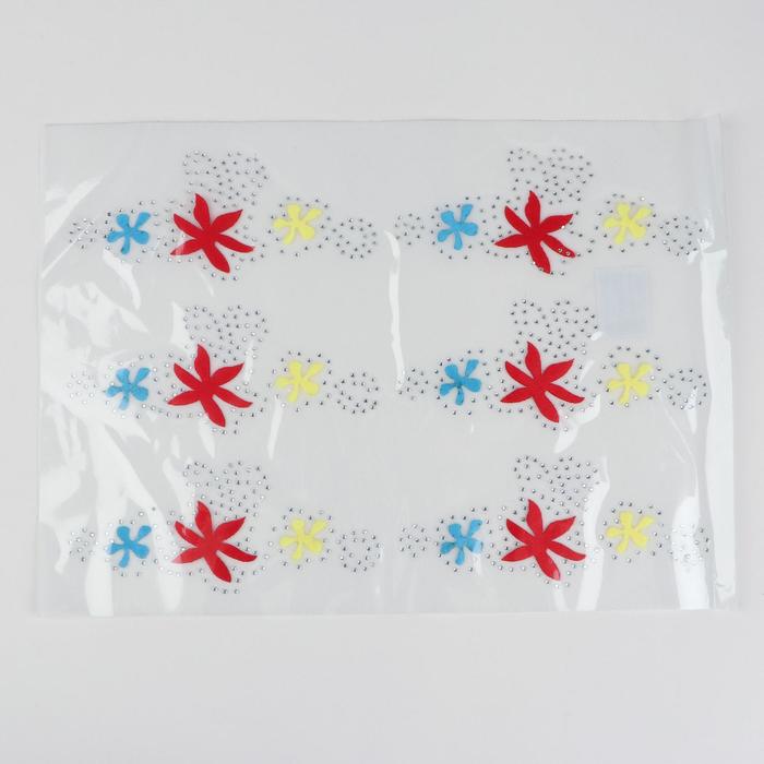 Термоаппликация со стразами "Цветы", 17,5*8,5см, 6шт на листе, цвет красный