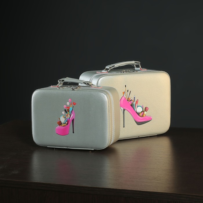 Набор косметичек 2 в 1, отдел на молнии, зеркало, цвет серый