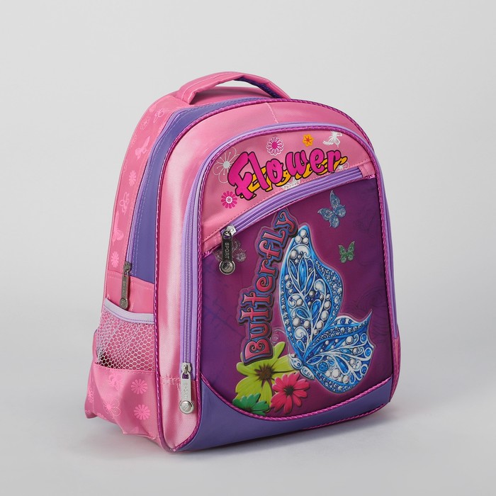 Рюкзак школьный "Бабочка", 1 отдел, 2 наружных кармана, 2 боковых сетки, усиленная спинка, цвет сиреневый