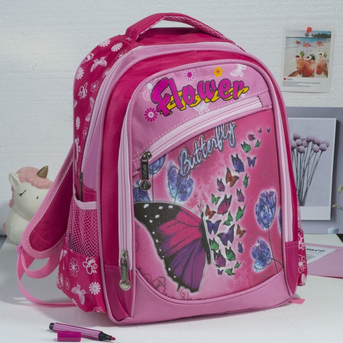 Рюкзак школьный "Бабочка", 1 отдел, 2 наружных кармана, 2 боковых сетки, усиленная спинка, цвет розовый