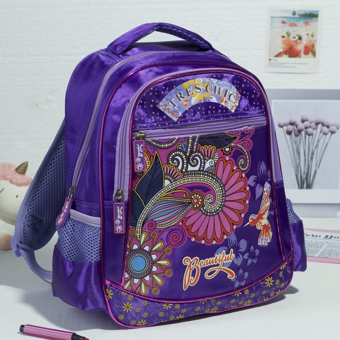 Рюкзак школьный "Цветы", 1 отдел, 2 наружных кармана, 2 боковые сетки, усиленная спинка, цвет фиолетовый