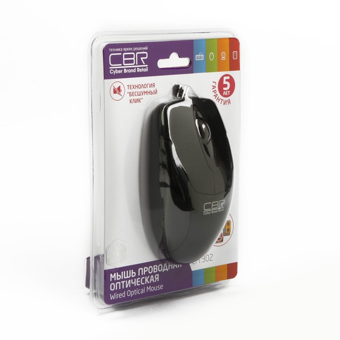 Мышь CBR CM 302, 1200 dpi, оптика, бесшумное нажатие, провод 1.25 метра, USB, черная
