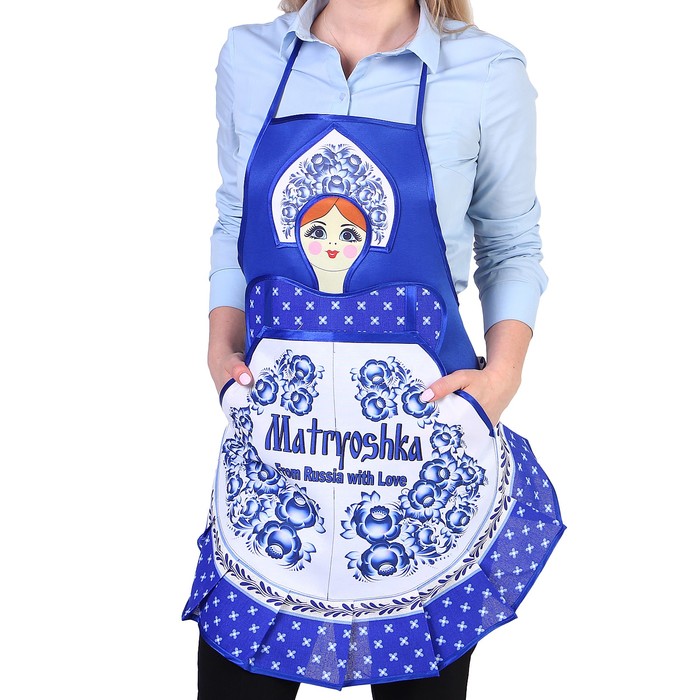 Фартук «Русская красавица», гжель, сувенирный, ажурный, без кармана