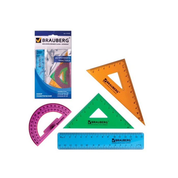 Набор геометр малый (треуг 2шт,лин.15см, тр-р) BRAUBERG "Сrystal", 4цв микс 210295