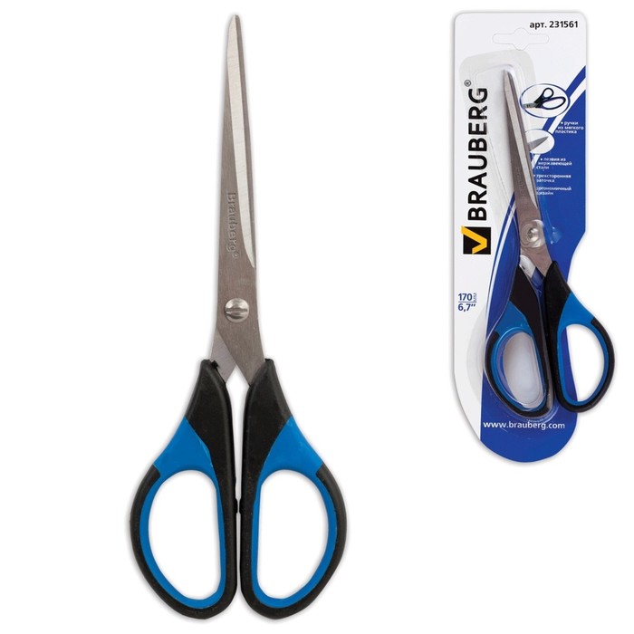 Ножницы BRAUBERG "Respect" 17см, рез.встав, 3-х сторон.заточка, сине-черные 231561