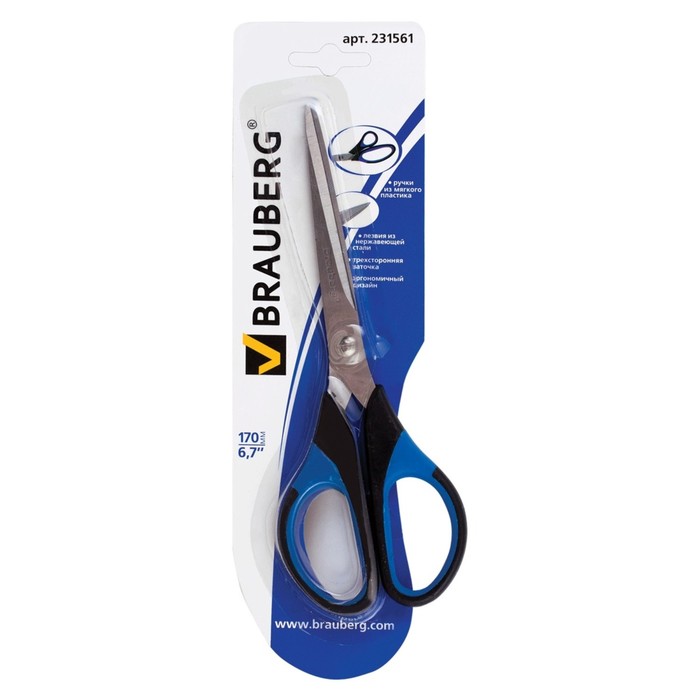 Ножницы BRAUBERG "Respect" 17см, рез.встав, 3-х сторон.заточка, сине-черные 231561