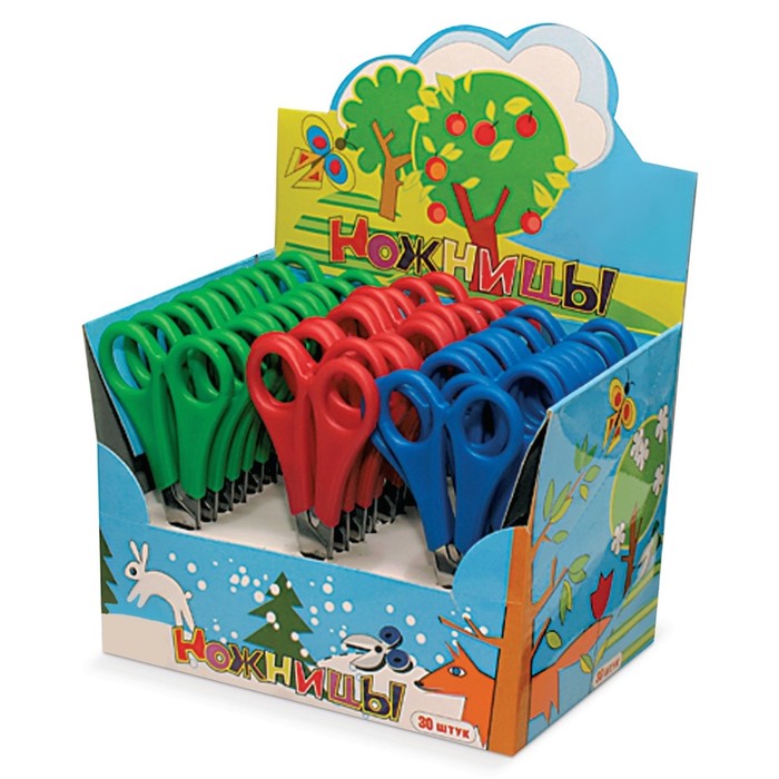 Ножницы ПИФАГОР, 13,5 см, с линейкой, микс, в дисплее