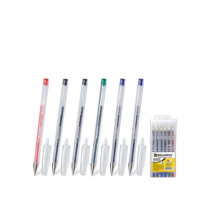 Набор ручек гелевых 6шт BRAUBERG "Jet", корп.прозр, 0,5мм (2син, 2чер, красн, зел) 141024