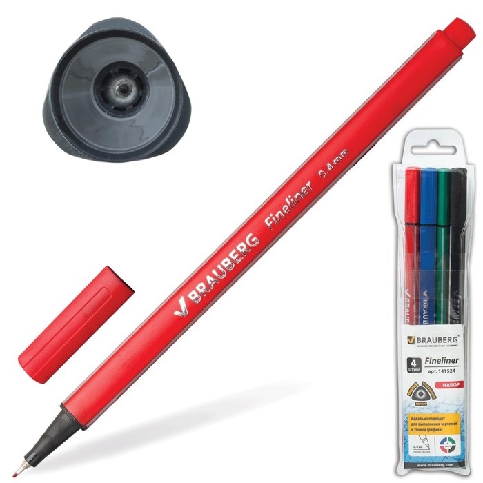 Набор ручек капиллярных BRAUBERG &quot;Aero&quot;, 4цв. 0,4мм, трехгран, мет.након., ассорти 141524