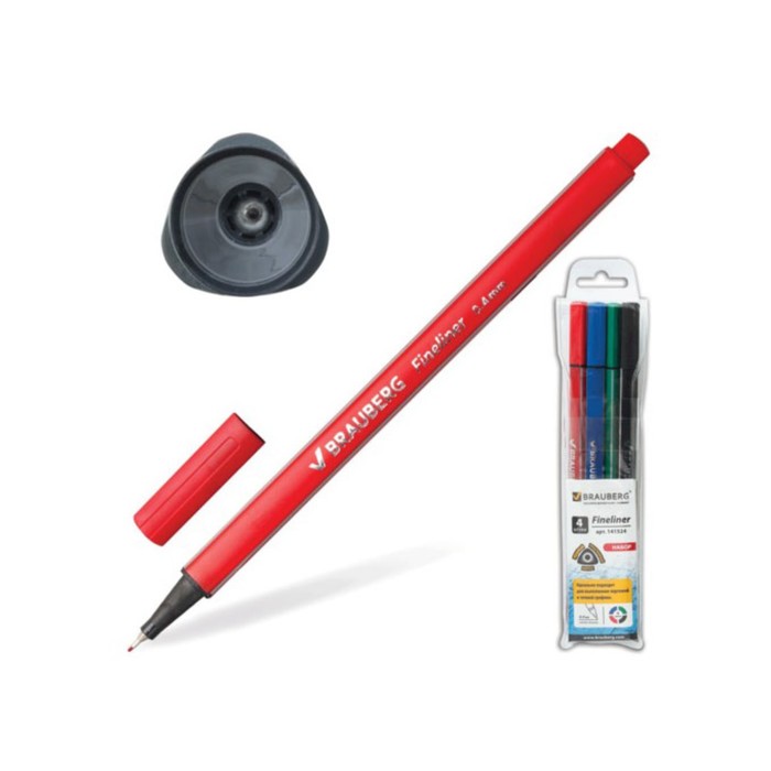 Набор ручек капиллярных BRAUBERG "Aero", 4цв. 0,4мм, трехгран, мет.након., ассорти 141524