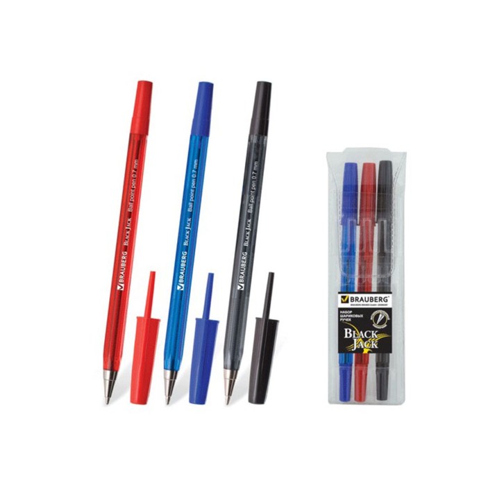 Набор ручек шариковых 3цв BRAUBERG "Black Jack", 0,7мм (син, черн, красн) 141295