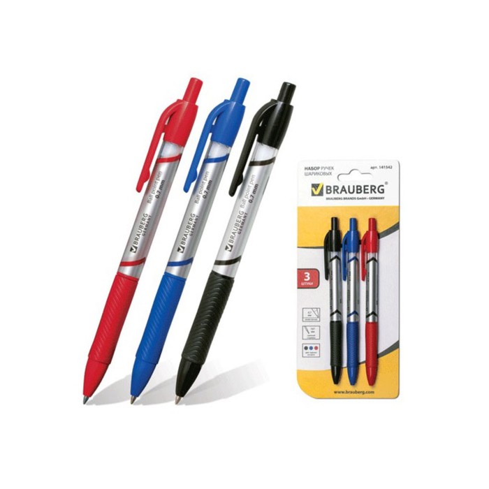 Набор автоматических шариковых ручек 3цв BRAUBERG "Leader", 0,7мм (син, черн, кр) 141542