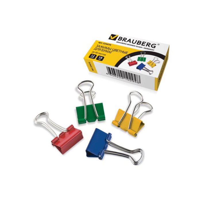 Набор зажимов для бумаг 19 мм, 12 штук BRAUBERG, в упаковке, цветные