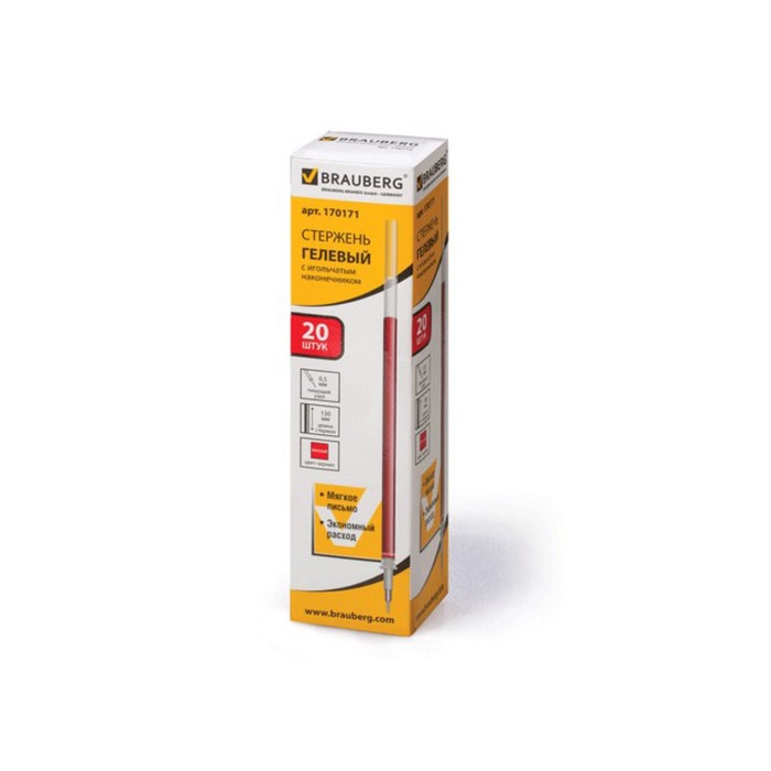 Стержень гелевый BRAUBERG, красный, 130мм, узел-игла 0,5мм, евронаконечник 170171