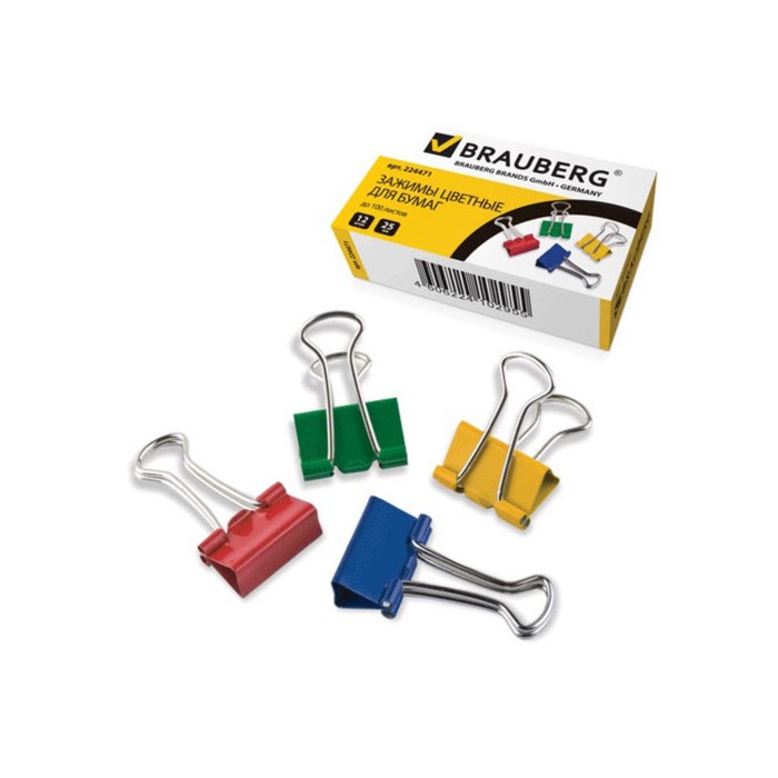 Набор зажимов для бумаг 25 мм, 12 штук BRAUBERG, в упаковке, цветные