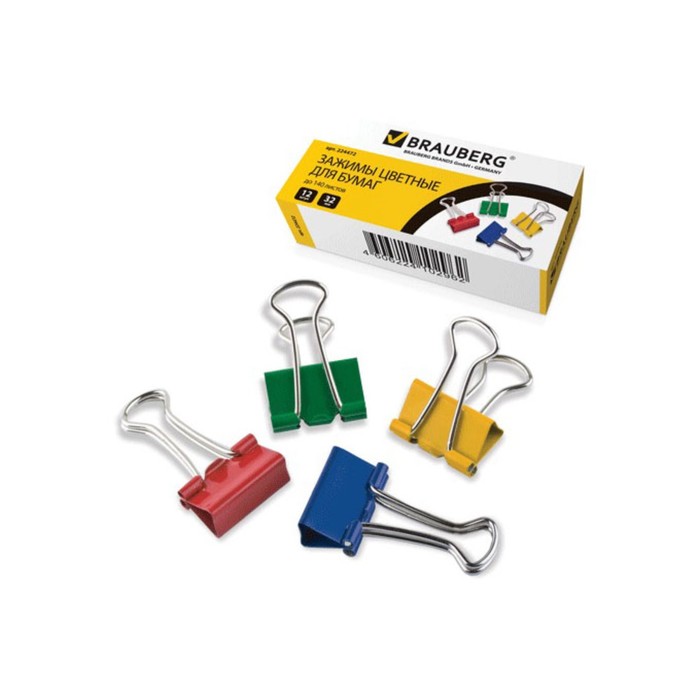 Набор зажимов для бумаг 32 мм, 12 штук BRAUBERG, в упаковке, цветные