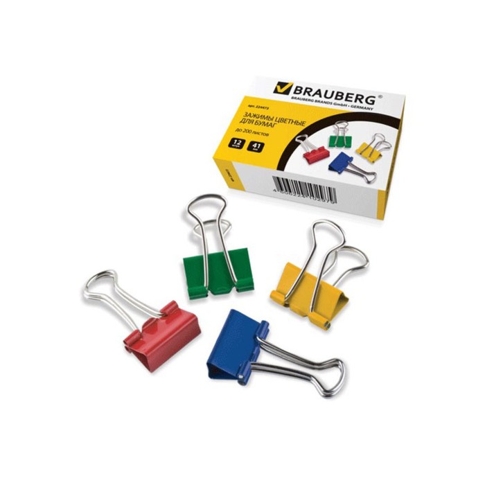 Набор зажимов для бумаг 41 мм, 12 штук BRAUBERG, в упаковке, цветные